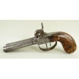 DOUBLE BARELLED POCKET PERCUSSION PISTOL, twin circular barrels, boxlock action with dolphin head