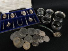 ASSORTED SILVER & COLLECTIBLE COINS, including boxed set silver teaspoons, 5 napkin rings,