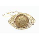 VICTORIAN GOLD SOVEREIGN BROOCH, 1884, young head, in pierced textured 9ct gold setting, 14.8gms