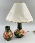 MOORCROFT TABLE LAMP & VASE, both in green Hibiscus, lamp 19cms high (excluding shade), vase 13cm