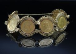 9K GOLD SIX SOVEREIGN BRACELET comprising sovereigns dated 1884 (young head), 1891 (Jubilee head),