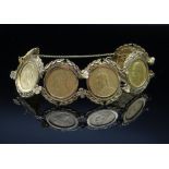 9K GOLD SIX SOVEREIGN BRACELET comprising sovereigns dated 1884 (young head), 1891 (Jubilee head),