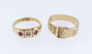 TWO 18CT GOLD RINGS comprising 18ct gold belt buckle design ring and an 18ct gold ruby and diamond
