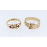 TWO 18CT GOLD RINGS comprising 18ct gold belt buckle design ring and an 18ct gold ruby and diamond