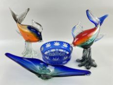 THREE ITALIAN GLASS ORNAMENTS & FLASHED BOWL, comprising two fish on stands, 39cm h, and a narrow