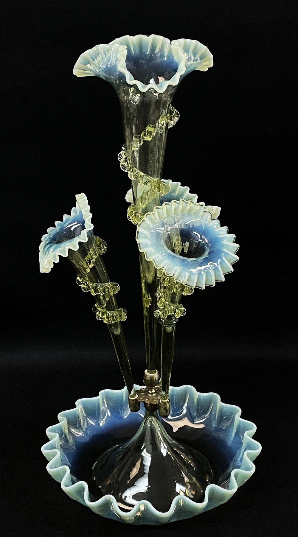 VICTORIAN GREEN OPALINE GLASS EPERGNE, central trumpet between three further below, on a circular - Image 2 of 17