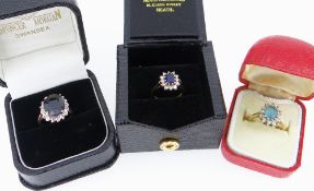 THREE BOXED GOLD RINGS comprising 18ct gold sapphire & diamond cluster ring, 9k gold cluster dress