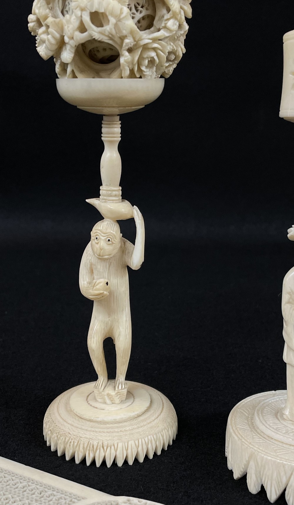 TWO CHINESE IVORY PUZZLE BALLS & PAGE TURNER, with sectional stands, one with monkey holding a - Image 5 of 5