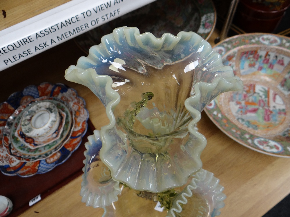 VICTORIAN GREEN OPALINE GLASS EPERGNE, central trumpet between three further below, on a circular - Image 13 of 17