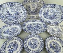 GROUP OF LLANELLY 'COLANDINE' PATTERN BLUE PRINTED POTTERY, comprising 6 oval meat platters and 3