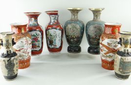 FOUR PAIRS OF ORIENTAL VASES, one pair with crackle glaze, 36cms high, another with figural and carp