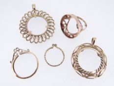 VARIOUS 9CT GOLD MOUNTS comprising four pendant mounts and a ring mount, 15.0gms overall (5)