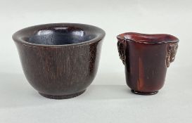 TWO SMALL IMMITATION RHINO HORN CHINESE VESSELS, comprising bowl, spurious 4-character mark, 9.