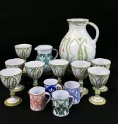 ASSORTED ALDERMASTON / ALAN CAIGER SMITH POTTERY, including blubous ewer and 8 goblets, milk jug,