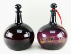 PAIR AMETHYST GLASS APOTHOCARY'S BOTTLES, of onion carboy form, with ball stoppers, one with gilt