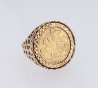 GOLD HALF SOVEREIGN RING, dated 1902, in pierced 9ct gold ring mount, ring size Q, 8.4gms