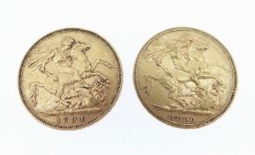 TWO VICTORIAN GOLD SOVEREIGNS dated 1890 (Jubilee head) and 1894 (old head), 15.9gms overall (2)