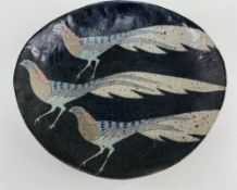 JAPANESE STUDIO POTTERY DISH , stoneware dish decorated with 3 pheasants, impressed seal, 36.5cms