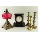 FRENCH SLATE MANTEL CLOCK, CANDLESTICKS & LAMP, the clock movement stamped A&N France, 21.5cms high,