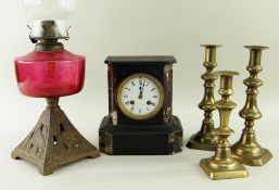 FRENCH SLATE MANTEL CLOCK, CANDLESTICKS & LAMP, the clock movement stamped A&N France, 21.5cms high,