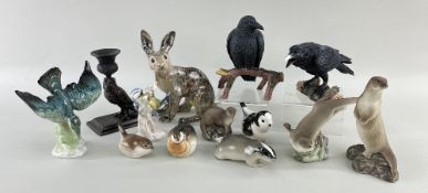 ASSORTED ANIMAL FIGURES, including 4 Soviet porcelain birds and badger, 2 resin models of crows, 3