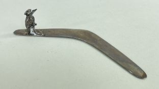 AUSTRALIAN NOVELTY SILVER LETTER OPENER, as a boomerang with handle modelled as a kookaburra perched