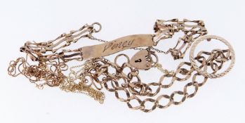 YELLOW METAL JEWELLERY comprising 9K gold bracelet, 9ct gold I.D. bracelet engraved ‘Viney’, 14K