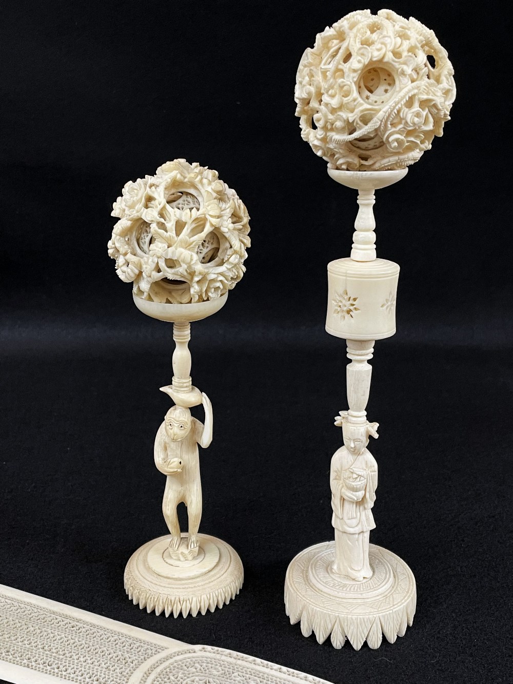 TWO CHINESE IVORY PUZZLE BALLS & PAGE TURNER, with sectional stands, one with monkey holding a - Image 2 of 5