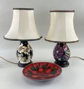 TWO MOORCROFT TABLE LAMPS & POOLE DISH, lamps baluster form, hibiscus and anemone, 23cms, delphis