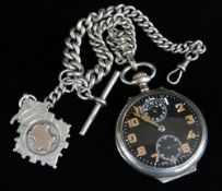 ZENITH SILVER GENT'S POCKET WATCH WITH ALARM FUNCTION, open face top wind, black dial with Arabic