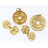 YELLOW METAL JEWELLERY comprising two Chinese cash coin pendants, one stamped ‘20’, together with