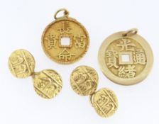 YELLOW METAL JEWELLERY comprising two Chinese cash coin pendants, one stamped ‘20’, together with