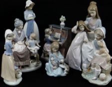 SEVEN LLADRO & NAO PORCELAIN FIGURES including a Lladro group no. 5757 'Beautiful Tresses', 30cms