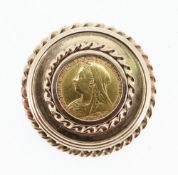 VICTORIAN GOLD HALF SOVEREIGN BROOCH, 1897 (old head), in 9ct gold circular mount, 9.5gms