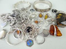 ASSORTED SILVER JEWELLERY comprising various pendants including amber, bangles, gate bracelet, amber