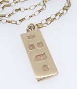 9CT GOLD INGOT PENDANT on fine 9ct gold oval link chain, 38.5cms long, 37.9gms overall Provenance: