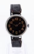 SILVER TRENCH WATCH, c.1915, black dial with luminous Arabic numerals, cathedral hands, Swiss 15-