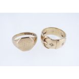 TWO 9CT GOLD RINGS comprising octagonal engraved signet ring together with diamond set buckle design