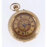 VICTORIAN 18K GOLD FOB WATCH, with foliate engraved gold Roman dial, foliate engraved back with