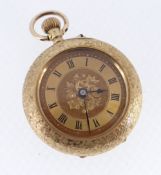 VICTORIAN 18K GOLD FOB WATCH, with foliate engraved gold Roman dial, foliate engraved back with