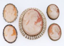 FIVE CAMEO BROOCHES comprising one large 9ct gold example and four smaller examples (5)