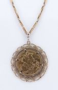 VICTORIAN GOLD SOVEREIGN PENDANT, 1890, Jubilee head, in 9ct gold scroll mount, on 9ct gold chain,