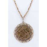 VICTORIAN GOLD SOVEREIGN PENDANT, 1890, Jubilee head, in 9ct gold scroll mount, on 9ct gold chain,