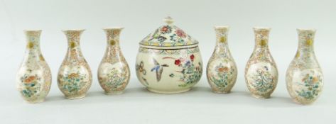 SIX SMALL JAPANESE SATSUMA EARTHENWARE VASES & A BOWL, the vases painted with floral panels, 9cms