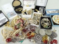 ASSORTED COSTUME & DRESS JEWELLERY comprising pearls, beads, military buttons, commemorative crowns,