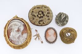 ASSORTED BAR BROOCHES comprising yellow metal carved cameo brooch depicting Hebe and the Eagle,