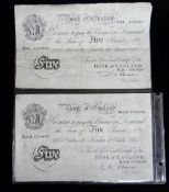 TWO MID 20TH CENTURY BANK OF ENGLAND NOTES comprising a 1951 and 1955 Bank of England white five