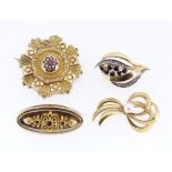 FOUR 9CT GOLD BAR BROOCHES, set with various stones to include a sapphire and diamond example, a