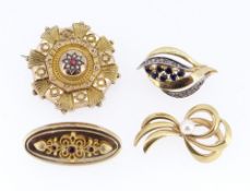 FOUR 9CT GOLD BAR BROOCHES, set with various stones to include a sapphire and diamond example, a