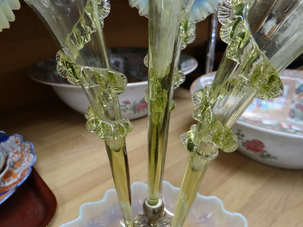 VICTORIAN GREEN OPALINE GLASS EPERGNE, central trumpet between three further below, on a circular - Image 15 of 17